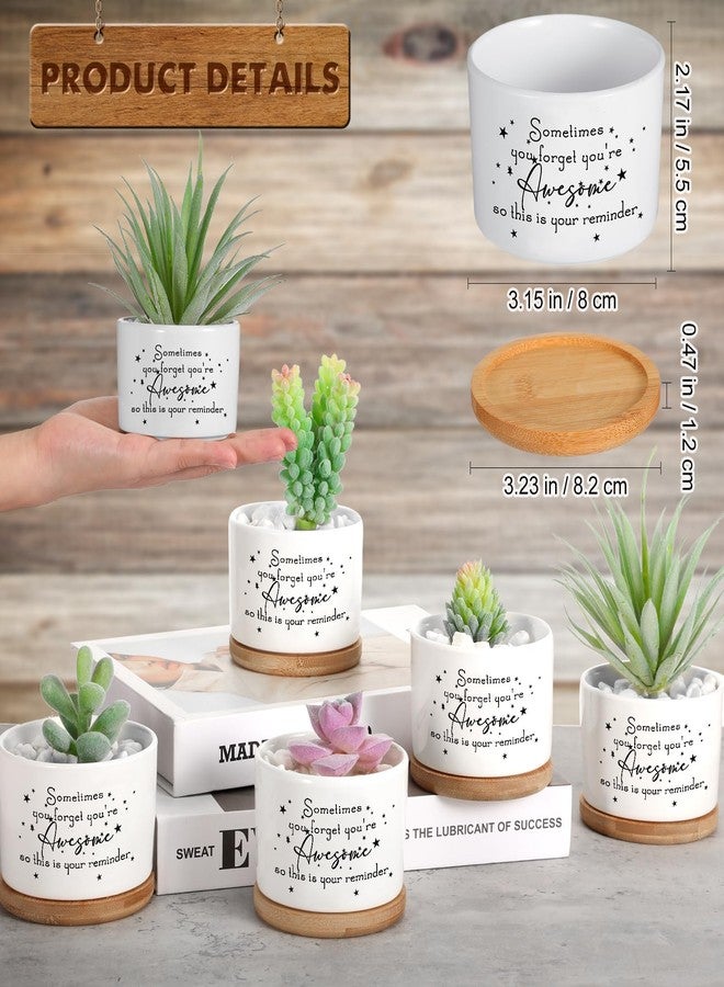 Seewey 12 Pcs Inspirational Succulent Pots Gifts Employee Appreciation Bulk Gifts for Women Coworker Teacher Small Ceramic Plant Pots with Bamboo Trays for Office Staff Graduation(Awesome) - Image 2